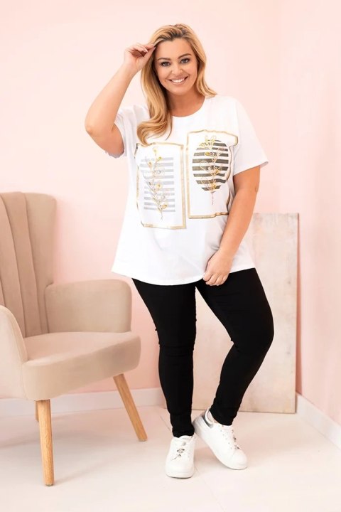 Bluzka damska bawełniana Plus Size z dżetami biały + khaki Bluzka damska bawełniana Plus Size z dżetami biały + khaki