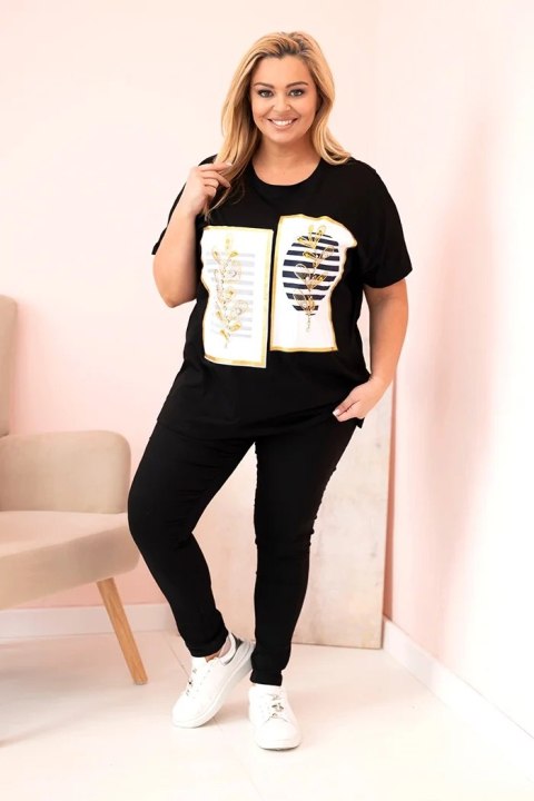 Bluzka damska bawełniana Plus Size z dżetami czarny + granatowy Bluzka damska bawełniana Plus Size z dżetami czarny + granatowy
