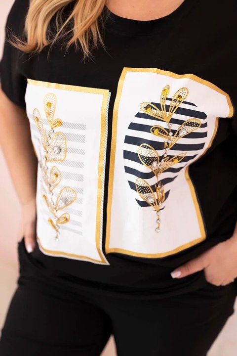 Bluzka damska bawełniana Plus Size z dżetami czarny + granatowy Bluzka damska bawełniana Plus Size z dżetami czarny + granatowy