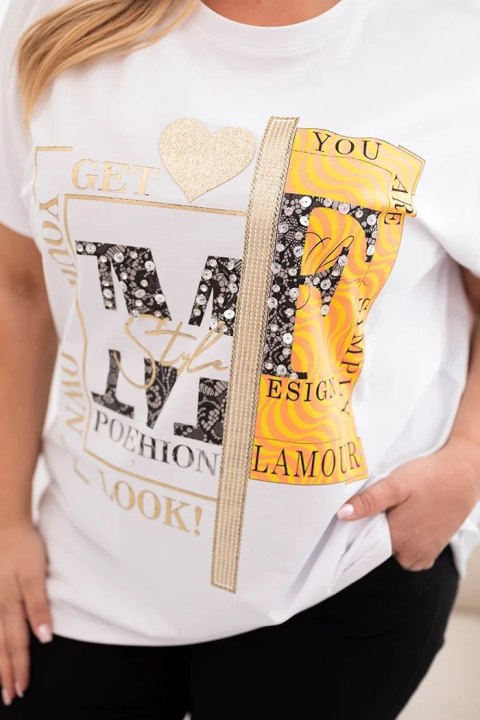 Bluzka damska bawełniana Plus Size z nadrukiem i cekinami biały + pomarańczowy Bluzka damska bawełniana Plus Size z nadrukiem i cekinami biały + pomarańczowy