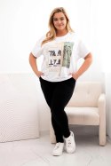 Bluzka damska bawełniana Plus Size z nadrukiem i cekinami biały + różowy