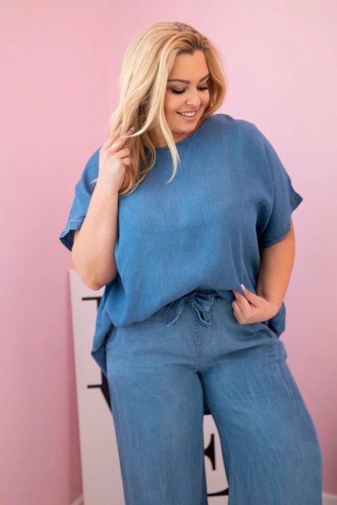 Komplet damski Plus Size z tencelu bluzka i spodnie z wiązaniem jeansowy Komplet damski Plus Size z tencelu bluzka i spodnie z wiązaniem jeansowy