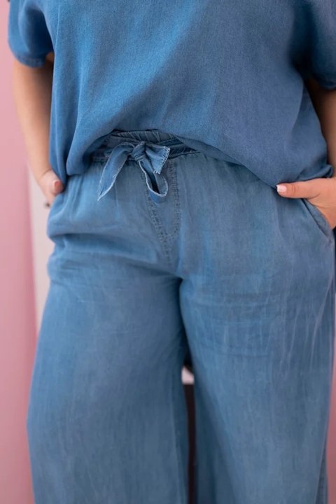 Komplet damski Plus Size z tencelu bluzka i spodnie z wiązaniem jeansowy Komplet damski Plus Size z tencelu bluzka i spodnie z wiązaniem jeansowy