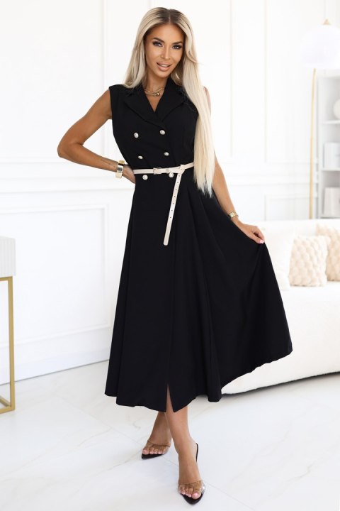 596-3 Elegancka szmizjerka midi ze złotymi guzikami i paskiem - CZARNA