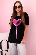 T-shirt damska oversize z sercem i frędzlami z krótkim rękawem czarna