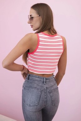 Top damski prążkowany z ozdobnym złotym detalem i głębokim dekoltem różowy neon