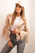 Kurtka damska z eko skóry z frędzlami w stylu boho jasno camelowa