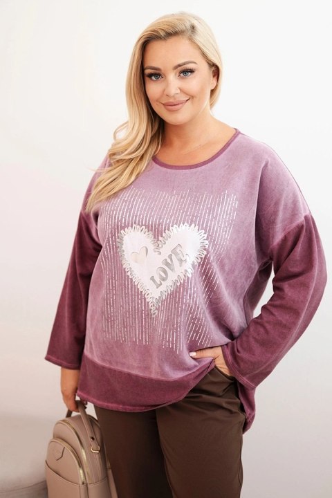 Bluza damska Plus Size bawełniana z nadrukiem serca i troczkami ciemno różowa