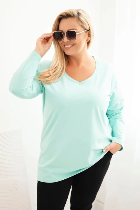 Bluzka damska Plus Size z dekoltem V i długim rękawem miętowa