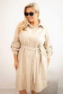Sukienka damska z eko-skóry Plus Size z paskiem i kołnierzykiem beżowa