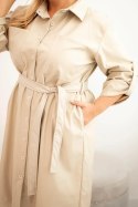 Sukienka damska z eko-skóry Plus Size z paskiem i kołnierzykiem beżowa