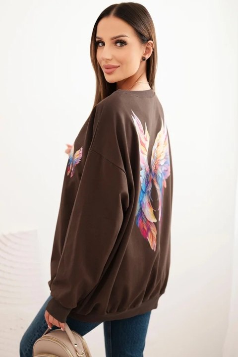 Bluza damska oversize z bawełny z kolorowymi skrzydłami na plecach brązowa