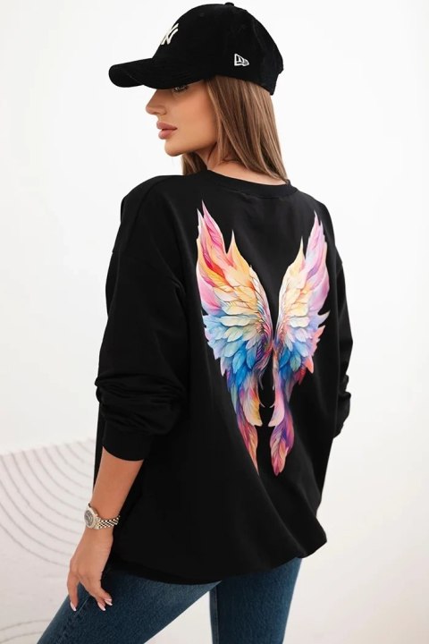 Bluza damska oversize z bawełny z kolorowymi skrzydłami na plecach czarna