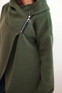 Bluza damska ocieplana z kapturem i asymetrycznym zamkiem khaki