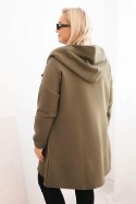 Bluza damska Plus Size ocieplana z kapturem i asymetrycznym zamkiem khaki