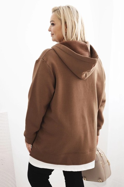 Bluza damska ocieplana Plus Size z kapturem i dekoltem w serek brązowa
