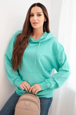 Bluza damska pętelkowa bawełniana z kapturem i kieszenią kangurką miętowa