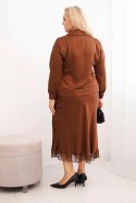 Komplet damska Plus Size z satynowym połyskiem i koronką camelowy