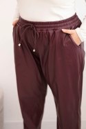 Spodnie damskie Plus Size z ekoskóry z wysokim stanem i gumką w pasie bordowe