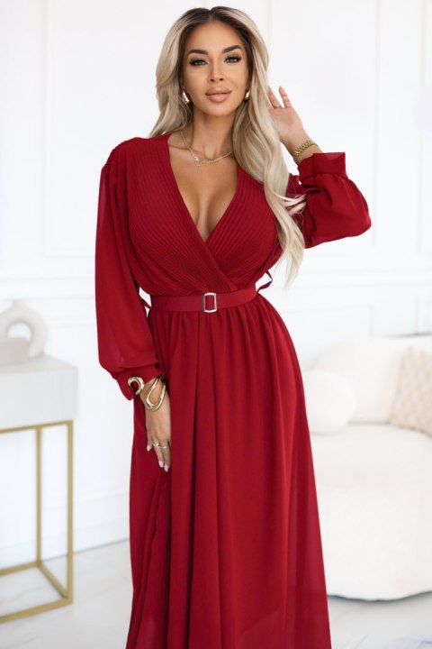 639-1 Elegancka plisowana sukienka maxi z paskiem i kopertowym dekoltem - bordowa