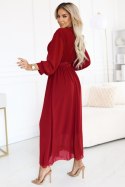 639-1 Elegancka plisowana sukienka maxi z paskiem i kopertowym dekoltem - bordowa