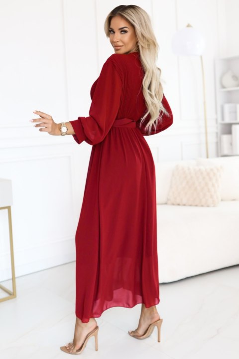639-1 Elegancka plisowana sukienka maxi z paskiem i kopertowym dekoltem - bordowa