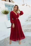 639-1 Elegancka plisowana sukienka maxi z paskiem i kopertowym dekoltem - bordowa
