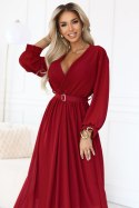 639-1 Elegancka plisowana sukienka maxi z paskiem i kopertowym dekoltem - bordowa