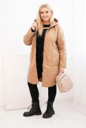 Kurtka damska Plus Size zimowa pikowana z kapturem camelowa