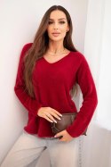 Sweter damski z miękkiej dzianiny z dekoltem V bordowy