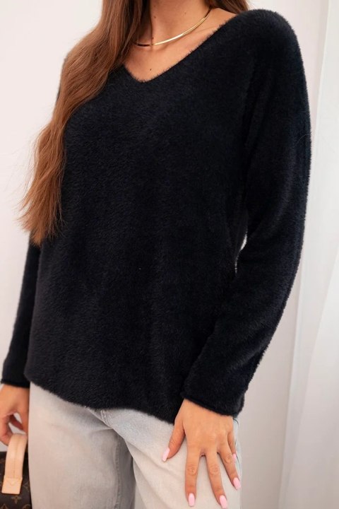 Sweter damski z miękkiej dzianiny z dekoltem V czarny