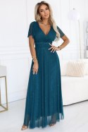 635-1 MELANIA długa błyszcząca suknia z dekoltem i krótkim rękawkiem - zieleń butelkowa