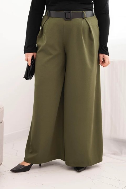 Spodnie damskie Plus Size z szeroką nogawką i paskiem khaki