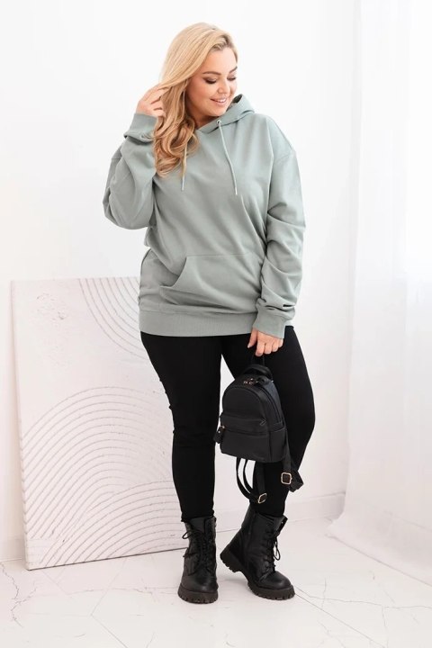 Bluza damska pętelkowa Plus Size bawełniana z kapturem i kieszenią kangurką ciemno miętowa