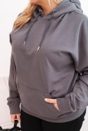Bluza damska pętelkowa Plus Size bawełniana z kapturem i kieszenią kangurką grafitowa