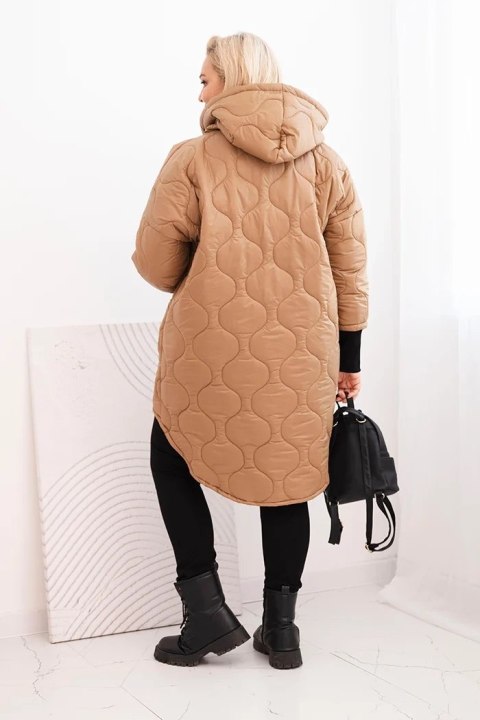 Kurtka damska zimowa Plus Size pikowana z kapturem camelowa