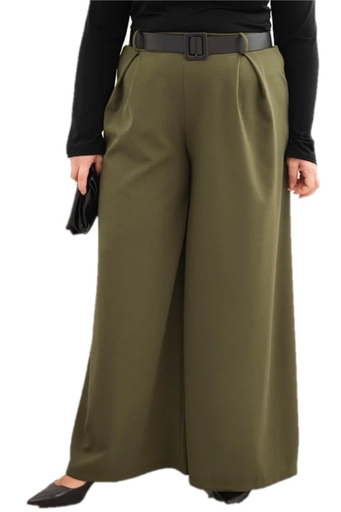 Spodnie damskie Plus Size z szeroką nogawką i paskiem khaki
