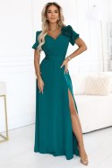 653-1 Elegancka długa sukienka z różą, paskiem i wysokim rozcięciem - butelkowa zieleń