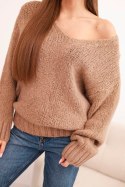 Sweter damski z domieszką wełny z dekoltem V camelowy