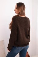 Sweter damski z miękkiej dzianiny z dekoltem V brązowy