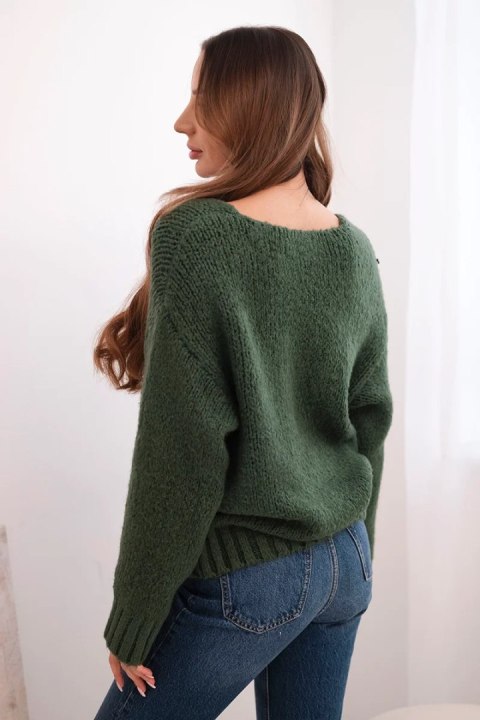 Sweter damski z miękkiej dzianiny z dekoltem V khaki