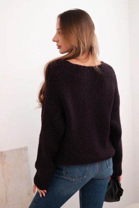 Sweter damski z miękkiej dzianiny z dekoltem V śliwkowy