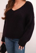 Sweter damski z miękkiej dzianiny z dekoltem V śliwkowy