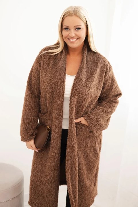 Płaszcz damski Plus Size z wiskozy bez zapięcia z kieszeniami brązowy
