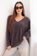 Sweter damski brązowy z wełną z dekoltem V
