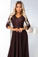 309-14 AMBER elegancka długa koronkowa suknia z dekoltem - czekolada