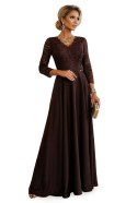 309-14 AMBER elegancka długa koronkowa suknia z dekoltem - czekolada
