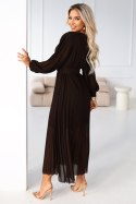 414-11 KLARA plisowana elegancka sukienka midi z paskiem i dekoltem - czekoladowa