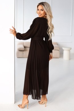 414-11 KLARA plisowana elegancka sukienka midi z paskiem i dekoltem - czekoladowa