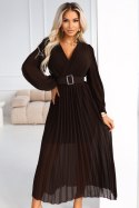414-11 KLARA plisowana elegancka sukienka midi z paskiem i dekoltem - czekoladowa